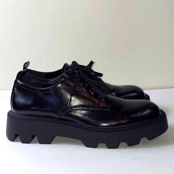 Zara Black Patent Platform Derby Shoe Sz 10 - Picture 3 of 13